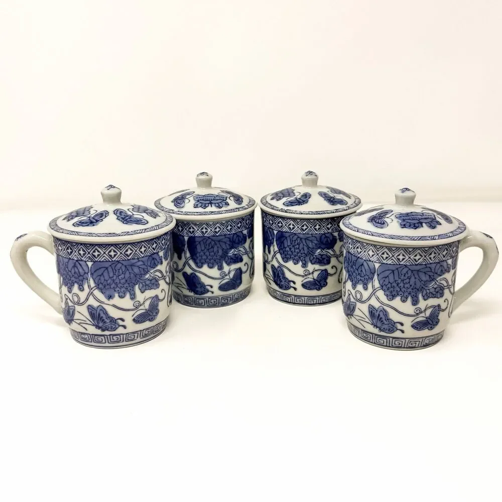 Blue White Chinese Porcelain Lidded Mugs Butterflies Grapevines Set of 4